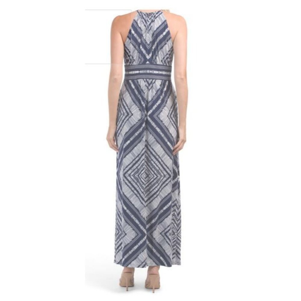 London Times Womens Blue Halter Diamond Print Jersey Knit Maxi Dress Sz 12 New - Picture 2 of 7